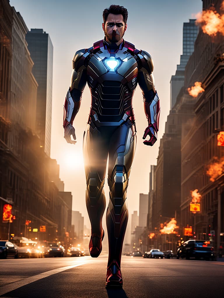  ironman tony stark in cinematic poster hyperrealistic, full body, detailed clothing, highly detailed, cinematic lighting, stunningly beautiful, intricate, sharp focus, f/1. 8, 85mm, (centered image composition), (professionally color graded), ((bright soft diffused light)), volumetric fog, trending on instagram, trending on tumblr, HDR 4K, 8K