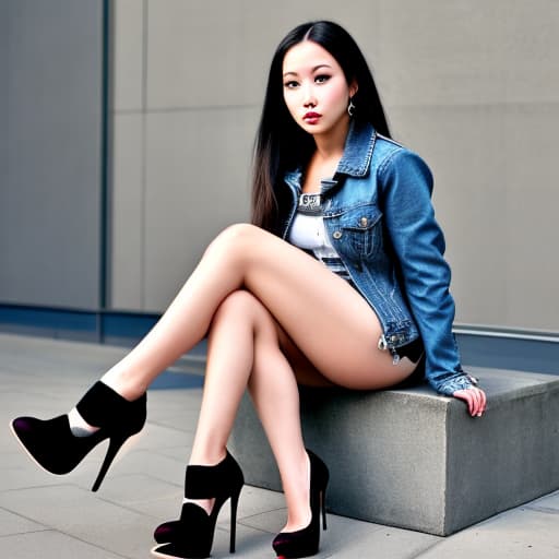   with gles, sitting and wearing a denim jacket, black tight , and high heels