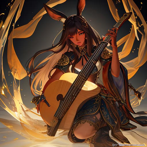  Brown black humanoid rabbit bard with lute from fantasy. hyperrealistic, full body, detailed clothing, highly detailed, cinematic lighting, stunningly beautiful, intricate, sharp focus, f/1. 8, 85mm, (centered image composition), (professionally color graded), ((bright soft diffused light)), volumetric fog, trending on instagram, trending on tumblr, HDR 4K, 8K