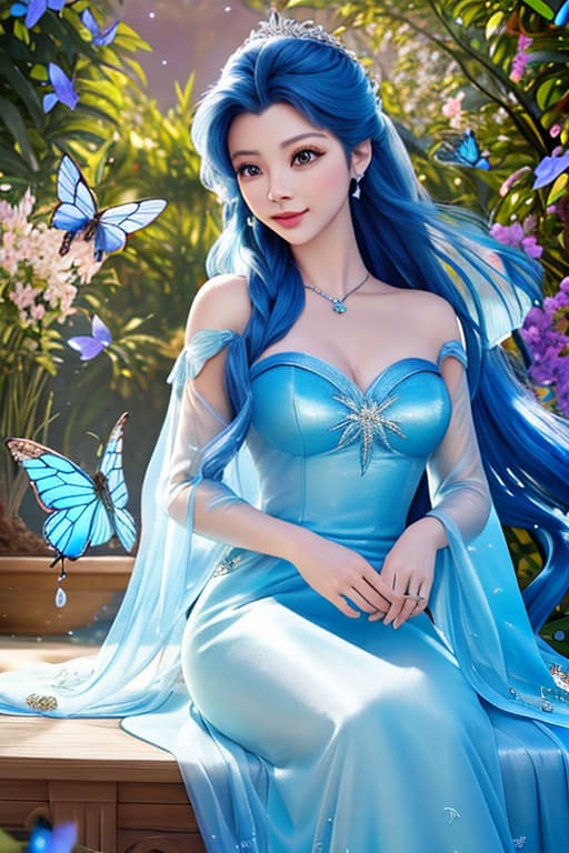  A highly detailed and realistic photo in the style of Disney, featuring a character resembling young Ariel . The image shows young Ariel wearing a sparkling blue dress, surrounded by glowing butterflies. She is sitting on a petal strewn ledge in a magical, dreamy environment. The scene is illuminated with soft, mystical light, creating an enchanting and whimsical atmosphere. Elsa's expression is filled with wonder and joy as she interacts with the butterflies. The background is softly blurred to keep the focus on Ariel and the butterflies hyperrealistic, full body, detailed clothing, highly detailed, cinematic lighting, stunningly beautiful, intricate, sharp focus, f/1. 8, 85mm, (centered image composition), (professionally color graded), ((bright soft diffused light)), volumetric fog, trending on instagram, trending on tumblr, HDR 4K, 8K