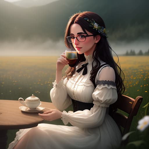  A dark haired girl in glasses sits in a blooming meadow and drinks tea from a fine porcelain cup with a saucer. hyperrealistic, full body, detailed clothing, highly detailed, cinematic lighting, stunningly beautiful, intricate, sharp focus, f/1. 8, 85mm, (centered image composition), (professionally color graded), ((bright soft diffused light)), volumetric fog, trending on instagram, trending on tumblr, HDR 4K, 8K