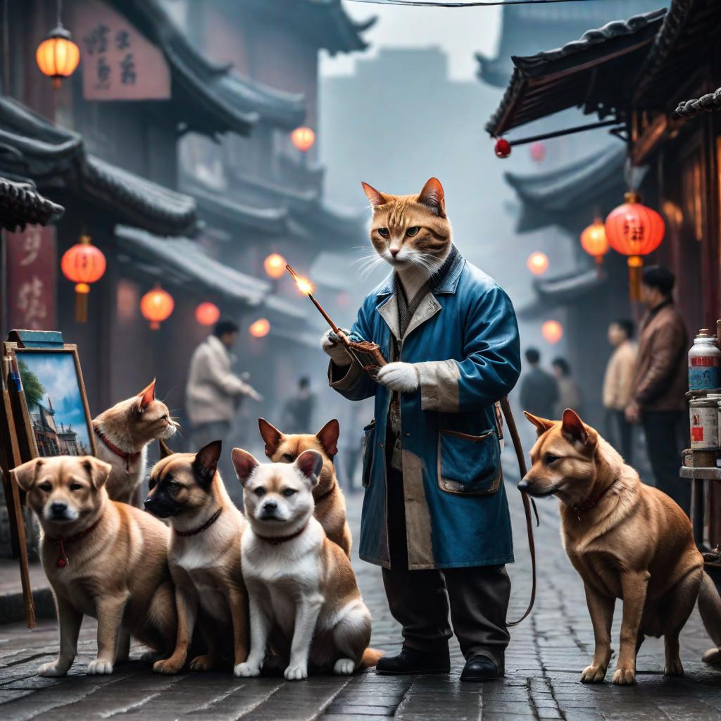  A painter cat is painting on the streets of Wuhan, surrounded by a group of little dogs. hyperrealistic, full body, detailed clothing, highly detailed, cinematic lighting, stunningly beautiful, intricate, sharp focus, f/1. 8, 85mm, (centered image composition), (professionally color graded), ((bright soft diffused light)), volumetric fog, trending on instagram, trending on tumblr, HDR 4K, 8K