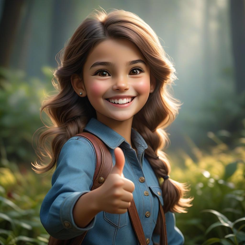  hyperrealistic art Create an image of a little girl smiling and making a thumbs up with one hand. . extremely high resolution details, photographic, realism pushed to extreme, fine texture, incredibly lifelike hyperrealistic, full body, detailed clothing, highly detailed, cinematic lighting, stunningly beautiful, intricate, sharp focus, f/1. 8, 85mm, (centered image composition), (professionally color graded), ((bright soft diffused light)), volumetric fog, trending on instagram, trending on tumblr, HDR 4K, 8K