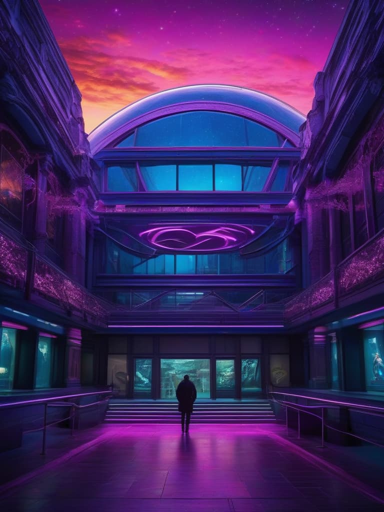  Cyberpunk style create image. Hyper realistic, Chicago's Museum Campus, Shedd Aquarium, Planetarium and Musem of Natural History, in the style of starry, starry night by Van Gogh, intricate details, epic flambient golden sunrise, dramatic lighting, highly detailed, epic composition, wide angle, cinematic,. cyberpunk, vaporwave, neon, vibes, vibrant, stunningly beautiful, crisp, detailed, sleek, ultramodern, magenta highlights, dark purple shadows, high contrast, cinematic, ultra detailed, intricate, professional