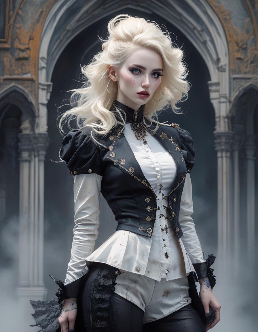  expressionist Gothic fashion, a beautiful gothic with white blonde hair, freckles, full body view, pop costume, detailed watercolor and ink, victorian punk, pop goth culture, gothic background, backglow, contrasted lighting, dynamic pose, fashion magazine, art by ashley wood, by thomas blackshear, by natalie shau, by daniel f gerhart . raw, emotional, dynamic, distortion for emotional effect, vibrant, use of unusual colors, detailed hyperrealistic, full body, detailed clothing, highly detailed, cinematic lighting, stunningly beautiful, intricate, sharp focus, f/1. 8, 85mm, (centered image composition), (professionally color graded), ((bright soft diffused light)), volumetric fog, trending on instagram, trending on tumblr, HDR 4K, 8K