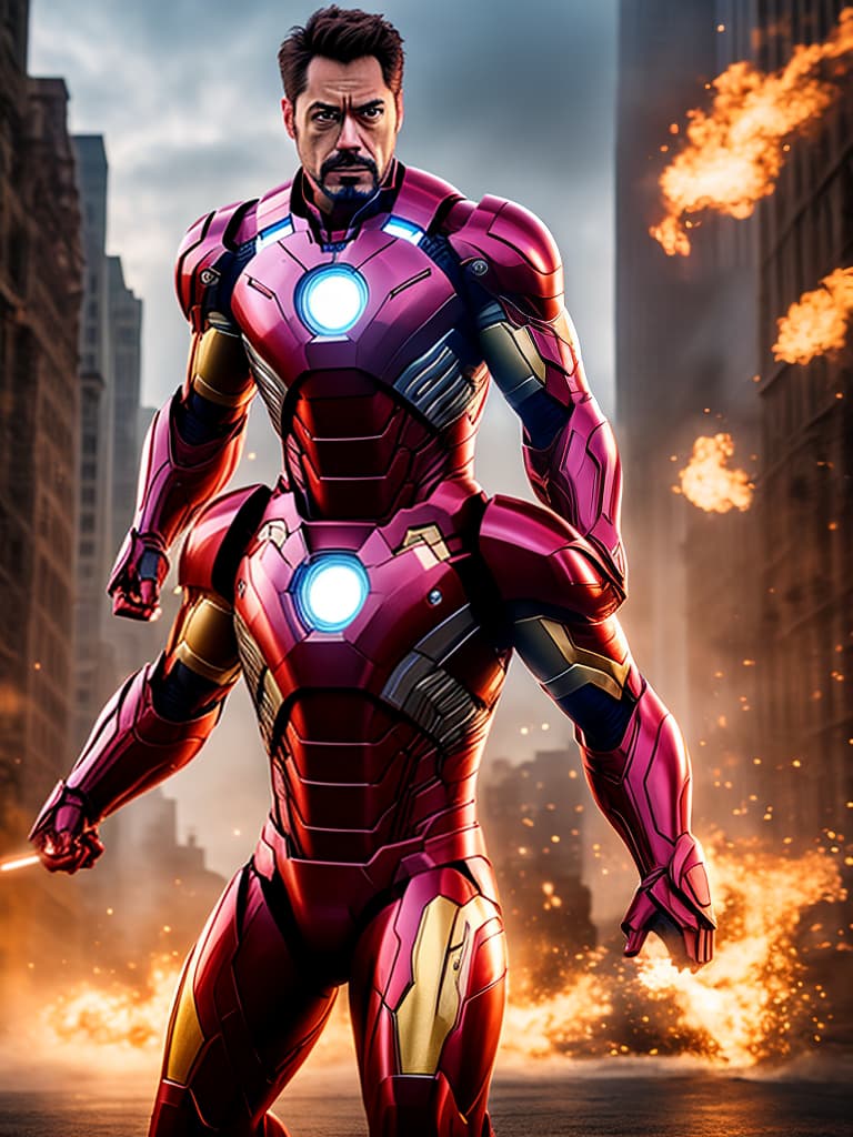  ironman tony stark in cinematic poster hyperrealistic, full body, detailed clothing, highly detailed, cinematic lighting, stunningly beautiful, intricate, sharp focus, f/1. 8, 85mm, (centered image composition), (professionally color graded), ((bright soft diffused light)), volumetric fog, trending on instagram, trending on tumblr, HDR 4K, 8K