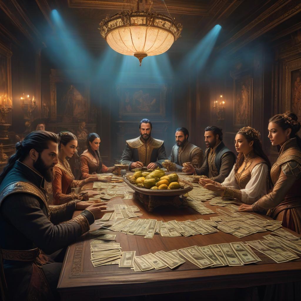  ethereal fantasy concept art of Game at a table in a lit room, 10 young men and girls. On the table lie masks and money. . magnificent, celestial, ethereal, painterly, epic, majestic, magical, fantasy art, cover art, dreamy hyperrealistic, full body, detailed clothing, highly detailed, cinematic lighting, stunningly beautiful, intricate, sharp focus, f/1. 8, 85mm, (centered image composition), (professionally color graded), ((bright soft diffused light)), volumetric fog, trending on instagram, trending on tumblr, HDR 4K, 8K