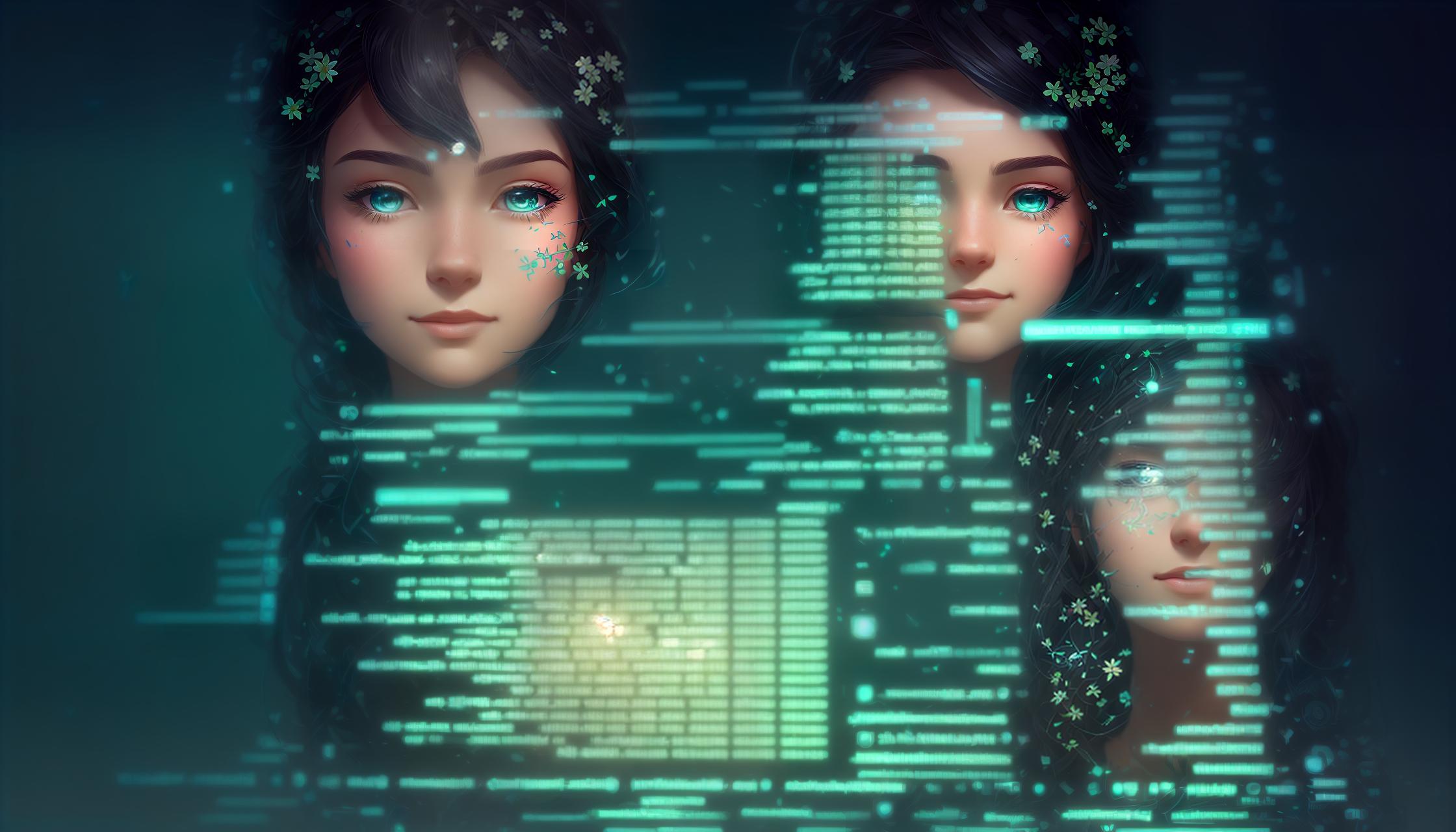  Closeup portrait of a computer screen with a bunch of code on it , happy background, grass skin, flowers, earth elemental, hair made of flora, nature character, pixar, disney, symmetrical, stylised, soft lighting, wlop, rossdraws, concept art, digital painting