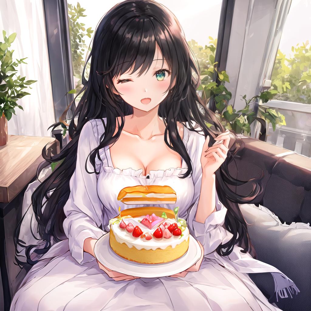  a girl,beautiful illustration, best quality, cute girl, cafe, sitting, parfait, cake, (spoken heart), happy, open mouth, close eyes, casual clothes, collarbone, long hair, black hair hyperrealistic, full body, detailed clothing, highly detailed, cinematic lighting, stunningly beautiful, intricate, sharp focus, f/1. 8, 85mm, (centered image composition), (professionally color graded), ((bright soft diffused light)), volumetric fog, trending on instagram, trending on tumblr, HDR 4K, 8K