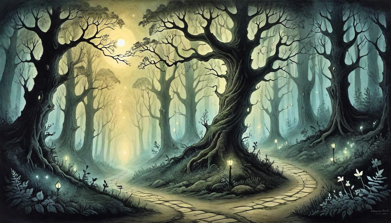  on parchment, surrealism+++, a mystical path winding through a dark forest, illuminated by faint, glowing lights, ancient trees, path leading to unknown, surreal, enigmatic, journey of faith(mysterious, provocative, symbolic,muted color)+++