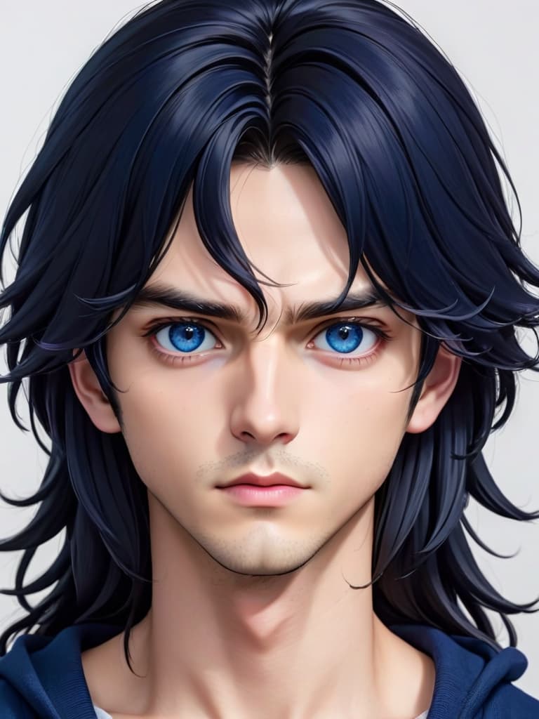  make a man with dark blue eyes and long black hair in a anime style