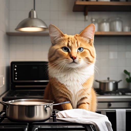  A cartoon cat pretending to be a chef. Dressed in a chef's uniform. Holding a ladle in his front paws. There is a pot of soup on the stove next to the cat., Photorealistic, Hyperrealistic, Hyperdetailed, analog style, demure, detailed skin, pores, smirk, smiling eyes, matte skin, soft lighting, subsurface scattering, realistic, heavy shadow, masterpiece, best quality, ultra realistic, 8k, golden ratio, Intricate, High Detail, film photography, soft focus hyperrealistic, full body, detailed clothing, highly detailed, cinematic lighting, stunningly beautiful, intricate, sharp focus, f/1. 8, 85mm, (centered image composition), (professionally color graded), ((bright soft diffused light)), volumetric fog, trending on instagram, trending on tumblr, HDR 4K, 8K