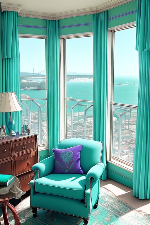  sf interior with purple and turquoise accents, birmingham furniture, circle window, sea view outside, vintage photo