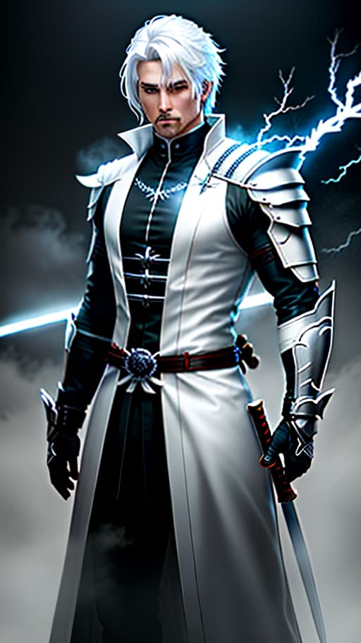  Create a character with white hair and a white outfit, including a white katana with lightning. The man is standing tall against a black background. hyperrealistic, full body, detailed clothing, highly detailed, cinematic lighting, stunningly beautiful, intricate, sharp focus, f/1. 8, 85mm, (centered image composition), (professionally color graded), ((bright soft diffused light)), volumetric fog, trending on instagram, trending on tumblr, HDR 4K, 8K