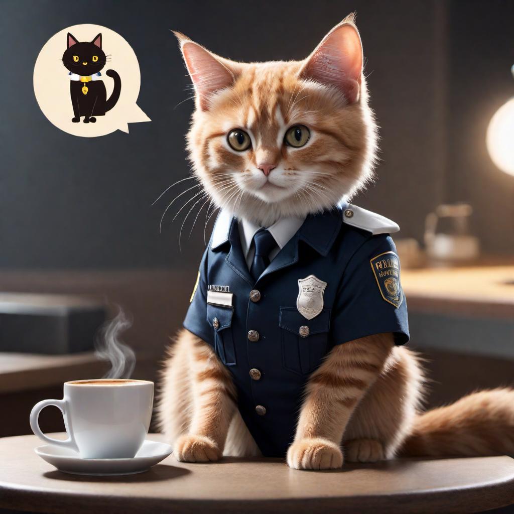  A cat with a human-like appearance, dressed in a police uniform, sitting at a table. The cat is holding a handgun and a coffee mug. There’s a caption at the top that says 'I HAVEN'T HAD MY COFFEE YET' and at the bottom 'DON'T PURRR-SUE ME'. It plays on the phrase 'don't pursue me' with a humorous twist, replacing 'pursue' with 'purr-sue,' referencing the sound that cats make. hyperrealistic, full body, detailed clothing, highly detailed, cinematic lighting, stunningly beautiful, intricate, sharp focus, f/1. 8, 85mm, (centered image composition), (professionally color graded), ((bright soft diffused light)), volumetric fog, trending on instagram, trending on tumblr, HDR 4K, 8K