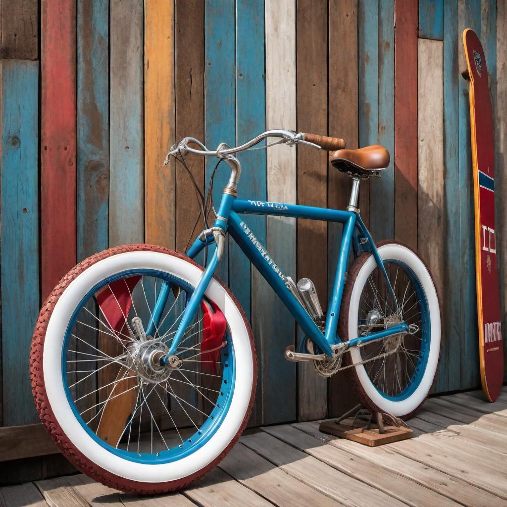  A full-length nautical-themed photograph featuring a rustic wooden wall with multiple colorful paddles leaning against it, extending to the ground. Next to the paddles, there is a bright blue women's cruiser bicycle with white rim tires leaning against the wall. The image should maintain a rustic, natural style, blending seamlessly with the nautical decor. hyperrealistic, full body, detailed clothing, highly detailed, cinematic lighting, stunningly beautiful, intricate, sharp focus, f/1. 8, 85mm, (centered image composition), (professionally color graded), ((bright soft diffused light)), volumetric fog, trending on instagram, trending on tumblr, HDR 4K, 8K