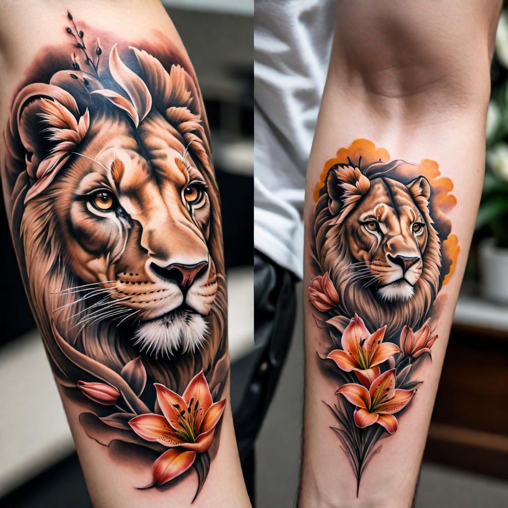  Tattoo for right forearm symbolizing a dad lion protecting his daughter cub, with lilies and clouds in the background. The design should showcase the father lion in a protective stance with a young cub close by, surrounded by detailed lilies and soft, ethereal clouds, creating a sense of beauty and protection. hyperrealistic, full body, detailed clothing, highly detailed, cinematic lighting, stunningly beautiful, intricate, sharp focus, f/1. 8, 85mm, (centered image composition), (professionally color graded), ((bright soft diffused light)), volumetric fog, trending on instagram, trending on tumblr, HDR 4K, 8K