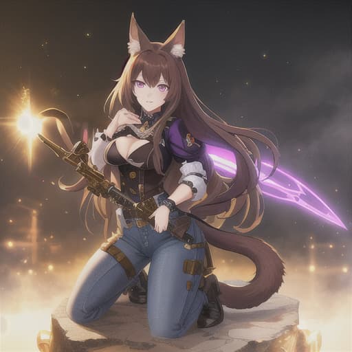  Cat girl, purple eyes, brown hair, fluffy tail, in a jean outfit, narcotics, with weapons hyperrealistic, full body, detailed clothing, highly detailed, cinematic lighting, stunningly beautiful, intricate, sharp focus, f/1. 8, 85mm, (centered image composition), (professionally color graded), ((bright soft diffused light)), volumetric fog, trending on instagram, trending on tumblr, HDR 4K, 8K