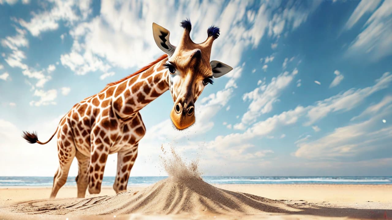  best quality, HD, Beach summer panoramic background with big eye cute Giraffe on the sand