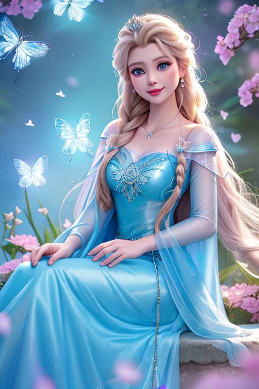  A highly detailed and realistic photo in the style of Disney, featuring a character resembling young Elsa. The image shows young Elsa wearing a sparkling blue dress, surrounded by glowing butterflies. She is sitting on a petal strewn ledge in a magical, dreamy environment. The scene is illuminated with soft, mystical light, creating an enchanting and whimsical atmosphere. Elsa's expression is filled with wonder and joy as she interacts with the butterflies. The background is softly blurred to keep the focus on Elsa and the butterflies. hyperrealistic, full body, detailed clothing, highly detailed, cinematic lighting, stunningly beautiful, intricate, sharp focus, f/1. 8, 85mm, (centered image composition), (professionally color graded), ((bright soft diffused light)), volumetric fog, trending on instagram, trending on tumblr, HDR 4K, 8K