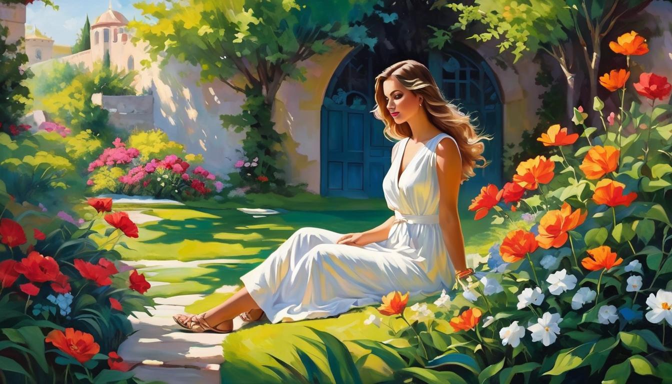  oil paintingAttractive woman sitting cross legged in a tranquil garden, surrounded by blooming flowers and greenery, her aura radiant, eyes closed in deep thought, atmosphere of peace and spiritual depth.(energetic brushwork, bold vibrant colors, expressive, emotional,bold brush, oil stroke, raw, emotional, dynamic, distortion for emotional effect, detailed,beautiful, loose brushwork, light and shadow play, captures feeling over form, balanced color