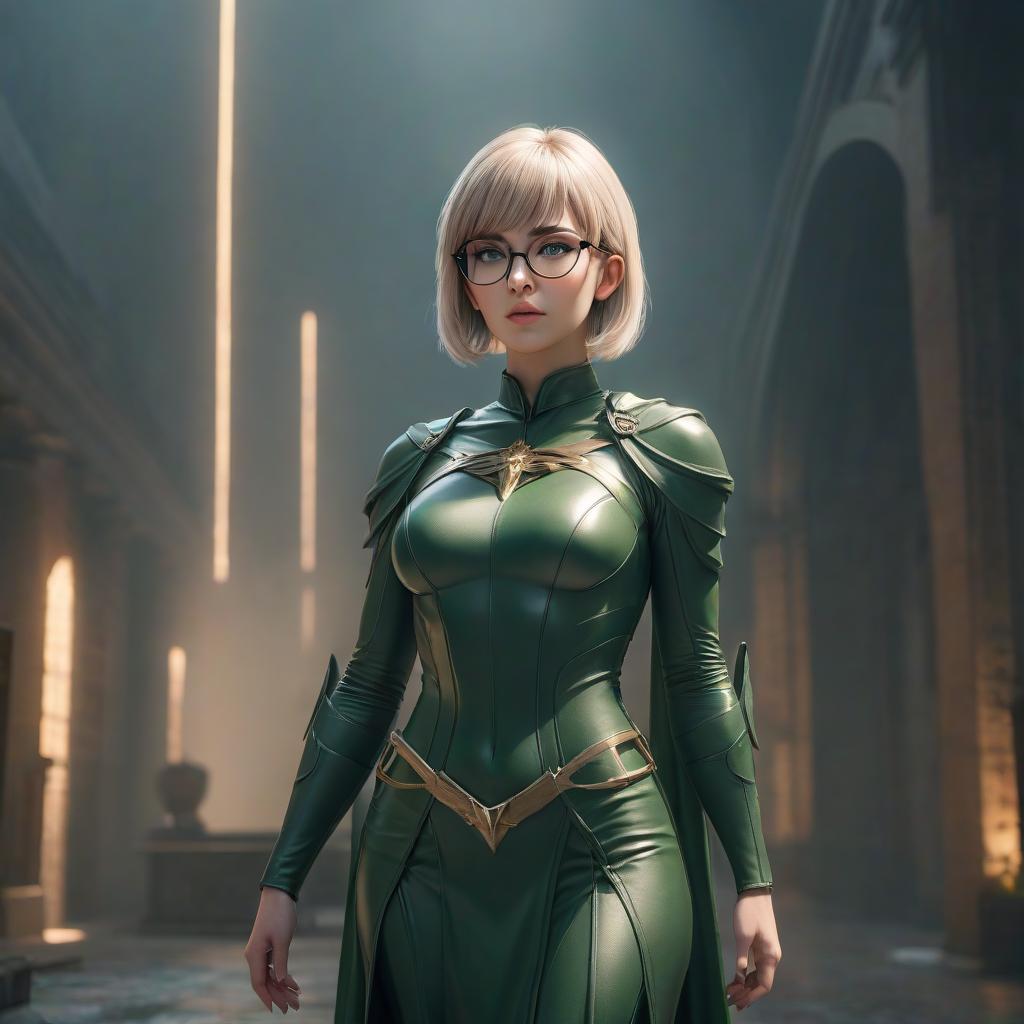  The goddess of justice and order and rigor. Strict tall woman. Short light hair with bangs, green eyes, glasses. Skinny body. hyperrealistic, full body, detailed clothing, highly detailed, cinematic lighting, stunningly beautiful, intricate, sharp focus, f/1. 8, 85mm, (centered image composition), (professionally color graded), ((bright soft diffused light)), volumetric fog, trending on instagram, trending on tumblr, HDR 4K, 8K