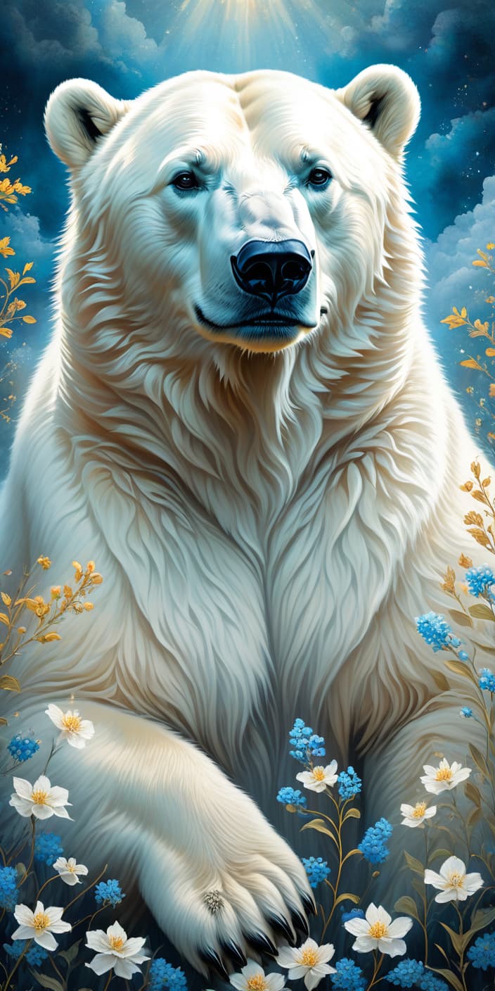  concept art Digital illustration in ink and watercolor on vellum. Gorgeous correct, realistic polar bear. Beautiful, majestic, mystical, epic appearance:: detailed white fur. Background:: surreal abstract with runic circle, thin vines, forget me not flowers, fantastic golden blossoms. Glowing signs and sparkling particles. Detailed detailing. Stylistics: fairy tale, dream, fantasy, modern. In the manner of Peter Papikhin, Fragonard and Van Gogh. High quality, HDR. . digital artwork, illustrative, painterly, matte painting, highly detailed hyperrealistic, full body, detailed clothing, highly detailed, cinematic lighting, stunningly beautiful, intricate, sharp focus, f/1. 8, 85mm, (centered image composition), (professionally color graded), ((bright soft diffused light)), volumetric fog, trending on instagram, trending on tumblr, HDR 4K, 8K