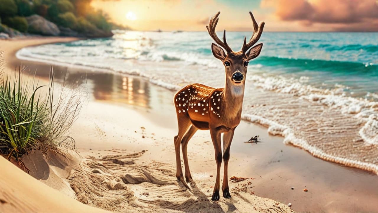  best quality, HD, Beach summer panoramic background with big eye cute Deer on the sand