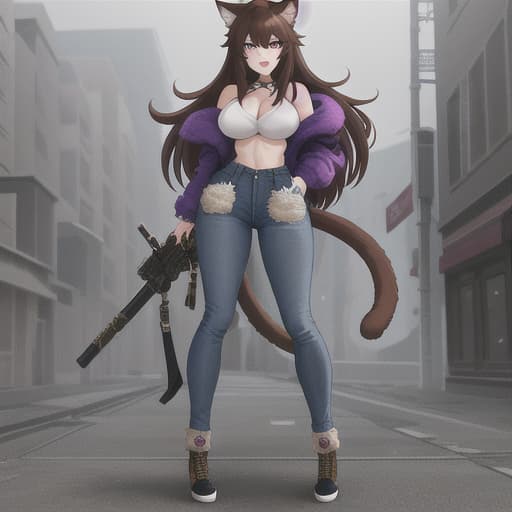  Cat girl, purple eyes, brown hair, fluffy tail, in a jean outfit, Drug Trafficker, with weapons hyperrealistic, full body, detailed clothing, highly detailed, cinematic lighting, stunningly beautiful, intricate, sharp focus, f/1. 8, 85mm, (centered image composition), (professionally color graded), ((bright soft diffused light)), volumetric fog, trending on instagram, trending on tumblr, HDR 4K, 8K