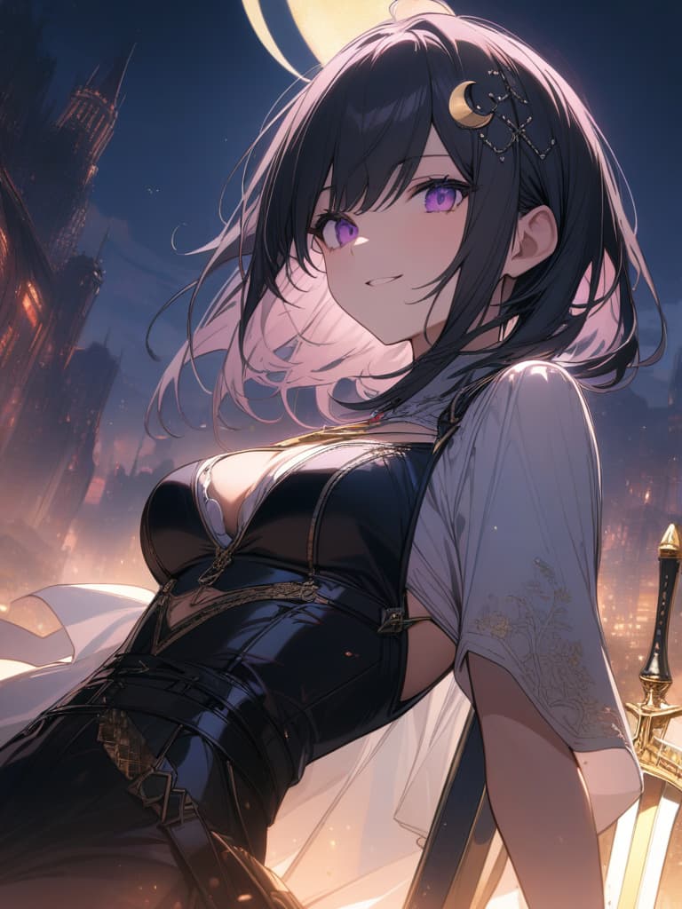  Holy sword,golden sword,burning city,smile,sword raised,golden light,Excalibur,cool girl,Black hair,(purple eyes),short,cropped hair,crescent moon hair ornament, masterpiece, best quality,8k,ultra detailed,high resolution,an extremely delicate and beautiful,hyper detail