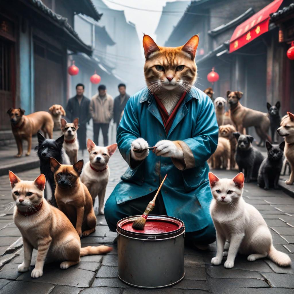  A painter cat is painting on the streets of Wuhan, surrounded by a group of little dogs. hyperrealistic, full body, detailed clothing, highly detailed, cinematic lighting, stunningly beautiful, intricate, sharp focus, f/1. 8, 85mm, (centered image composition), (professionally color graded), ((bright soft diffused light)), volumetric fog, trending on instagram, trending on tumblr, HDR 4K, 8K