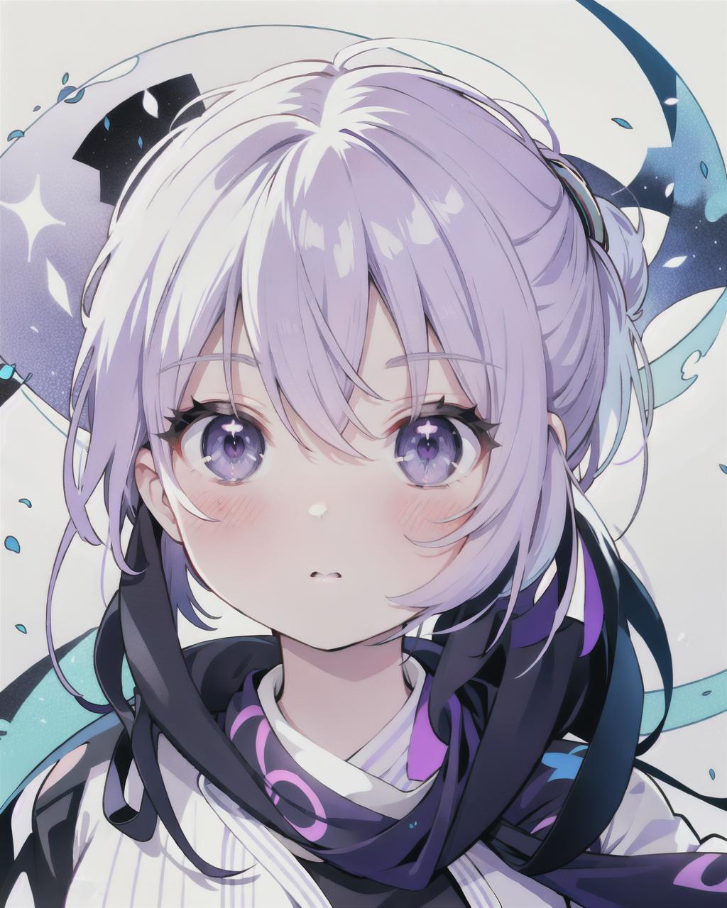  upper body, white hair, ponytail, purple eyes, (ninja), short sword, medium breats ,scarf, wallpaper, magic circle background, light particles, blue fire