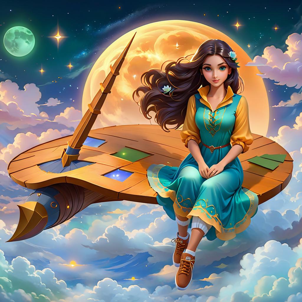  ethereal fantasy concept art of (Background):night sky, stars, clouds, spires of buildings, roofs of houses. A palette of colours with a brush is floating in the clouds. On the palette sits a girl. (Girl description of appearance): long dark hair, green eyes. She is wearing a gold shirt and a blue sundress with roses. On her feet trainers. (Style):fantasy, sticker, cartoon, character, digital art . magnificent, celestial, ethereal, painterly, epic, majestic, magical, fantasy art, cover art, dreamy, STICKER, hkmagic, LOGO hyperrealistic, full body, detailed clothing, highly detailed, cinematic lighting, stunningly beautiful, intricate, sharp focus, f/1. 8, 85mm, (centered image composition), (professionally color graded), ((bright soft diffused light)), volumetric fog, trending on instagram, trending on tumblr, HDR 4K, 8K