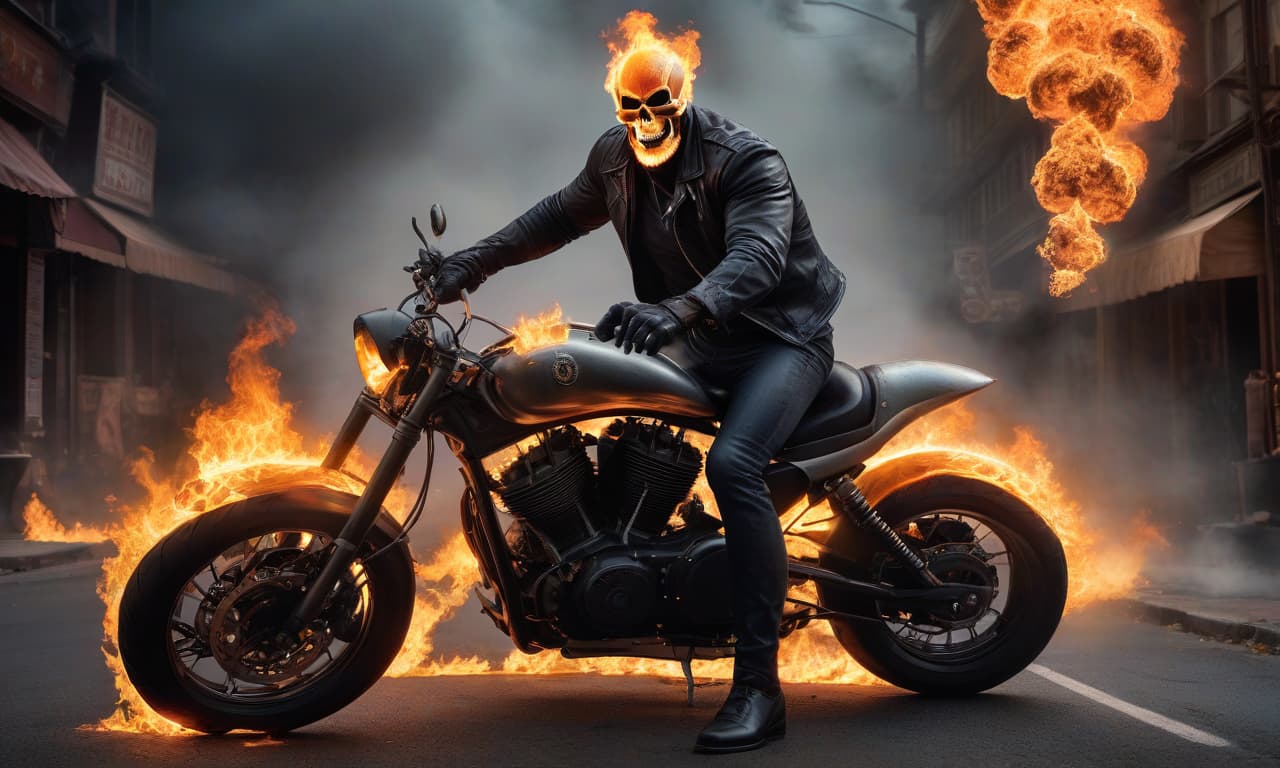  Marvel Ghost Rider shouts on a flaming bike rides at night shouts open road. (Note: The original text has a common Russian structure of phrases that often includes the word "на" (on) to emphasize the action. In the translation to English, efforts were made to maintain that structure while preserving the syntax.) hyperrealistic, full body, detailed clothing, highly detailed, cinematic lighting, stunningly beautiful, intricate, sharp focus, f/1. 8, 85mm, (centered image composition), (professionally color graded), ((bright soft diffused light)), volumetric fog, trending on instagram, trending on tumblr, HDR 4K, 8K