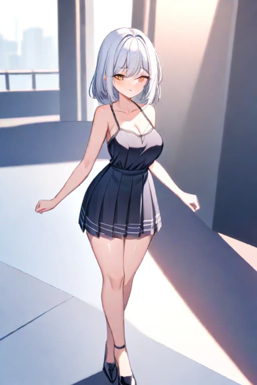  A young with white hair wears a black dress with spaghetti straps, dark blue background, anime two dimensional style hyperrealistic, full body, detailed clothing, highly detailed, cinematic lighting, stunningly beautiful, intricate, sharp focus, f/1. 8, 85mm, (centered image composition), (professionally color graded), ((bright soft diffused light)), volumetric fog, trending on instagram, trending on tumblr, HDR 4K, 8K