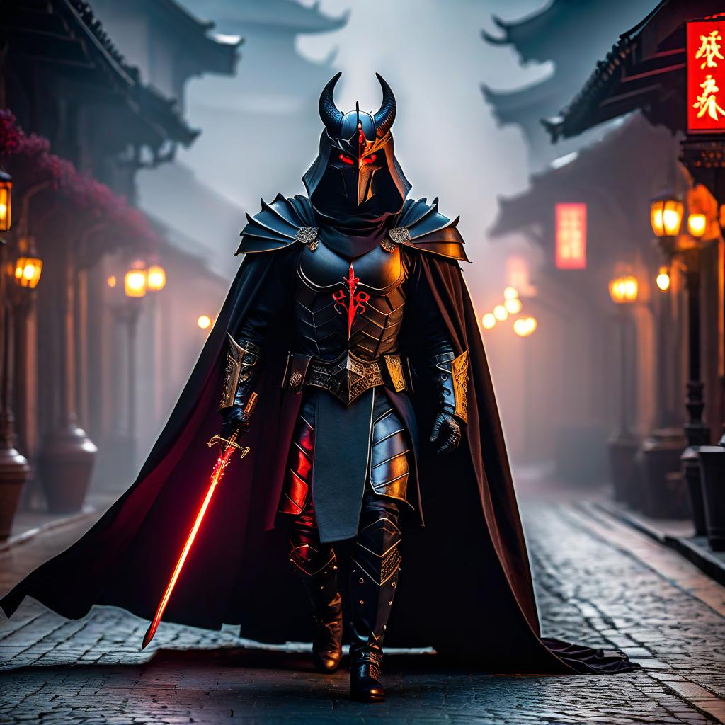  cinematic film still A demon with a long cloak, a black helmet, red eyes, and a black armor. . shallow depth of field, vignette, highly detailed, high budget, bokeh, cinemascope, moody, epic, gorgeous, film grain, grainy, hkmagic hyperrealistic, full body, detailed clothing, highly detailed, cinematic lighting, stunningly beautiful, intricate, sharp focus, f/1. 8, 85mm, (centered image composition), (professionally color graded), ((bright soft diffused light)), volumetric fog, trending on instagram, trending on tumblr, HDR 4K, 8K