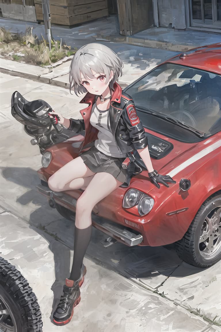  master piece , best quality,Gray hair, short cut, girl, red ska jacket, leather jacket, adventure