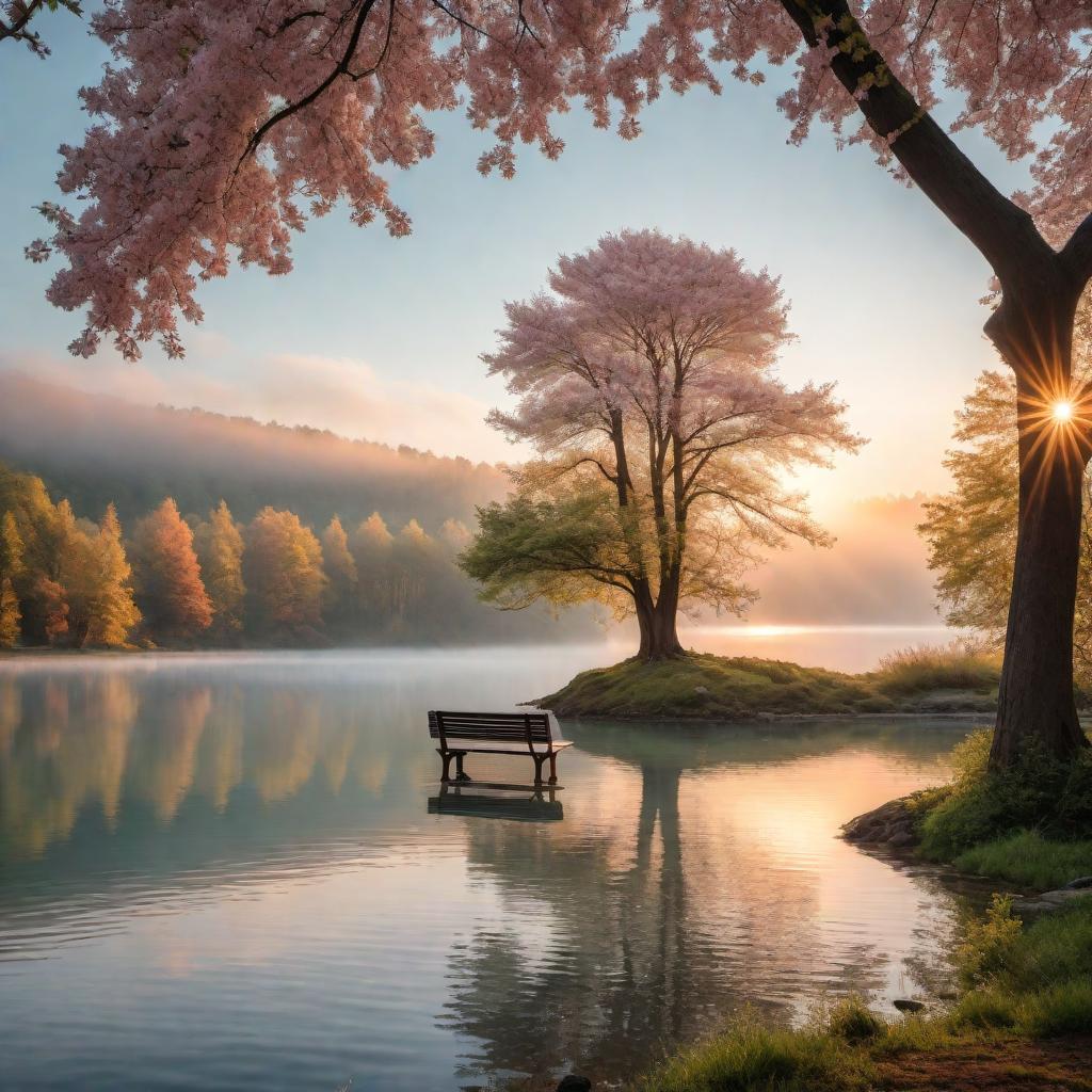  A serene sunset over a tranquil lake, with soft pastel colors blending into a calming sky. Gentle waves ripple the surface of the water, reflecting the warm hues of the setting sun. On the shore, there's a small bench under a large, old tree with sprawling branches. The scene is peaceful and evokes a sense of calm and serenity. hyperrealistic, full body, detailed clothing, highly detailed, cinematic lighting, stunningly beautiful, intricate, sharp focus, f/1. 8, 85mm, (centered image composition), (professionally color graded), ((bright soft diffused light)), volumetric fog, trending on instagram, trending on tumblr, HDR 4K, 8K