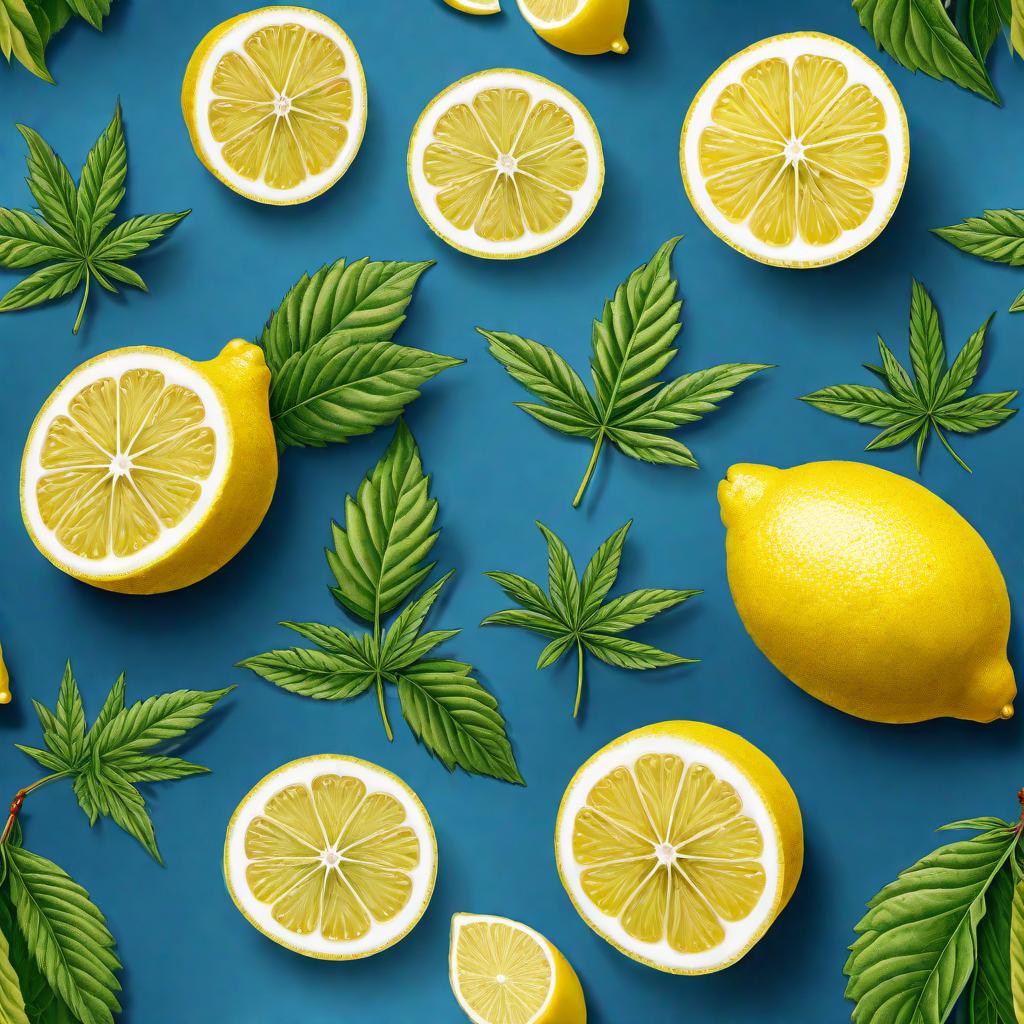  A high-quality, detailed design of weed leaves and lemons on a blue background. The weed leaves should look vibrant, realistic, and prominent. The lemons should be bright, fresh, and scattered around the leaves. The composition should be modern, visually appealing, and well-balanced. No text should be included in the design. hyperrealistic, full body, detailed clothing, highly detailed, cinematic lighting, stunningly beautiful, intricate, sharp focus, f/1. 8, 85mm, (centered image composition), (professionally color graded), ((bright soft diffused light)), volumetric fog, trending on instagram, trending on tumblr, HDR 4K, 8K