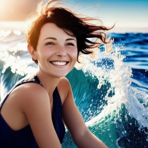  Beautiful woman with dark short hair on the ocean smiling, waves, sun