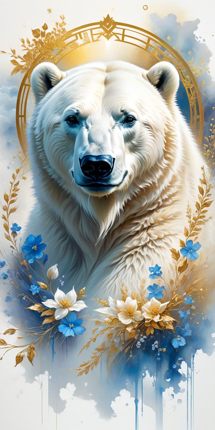  concept art Digital illustration in ink and watercolor on vellum. Gorgeous correct, realistic polar bear. Beautiful, majestic, mystical, epic appearance:: detailed white fur. Background:: surreal abstract with runic circle, thin vines, forget me not flowers, fantastic golden blossoms. Glowing signs and sparkling particles. Detailed detailing. Stylistics: fairy tale, dream, fantasy, modern. In the manner of Pino Daeni, Fragonard, Van Gogh. High quality,. . digital artwork, illustrative, painterly, matte painting, highly detailed hyperrealistic, full body, detailed clothing, highly detailed, cinematic lighting, stunningly beautiful, intricate, sharp focus, f/1. 8, 85mm, (centered image composition), (professionally color graded), ((bright soft diffused light)), volumetric fog, trending on instagram, trending on tumblr, HDR 4K, 8K