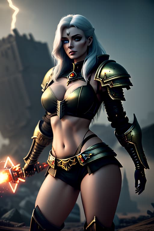  A space marines' cosplaying female wounded, bare midriff, short skin tight armor covering her hips, tall metal stilettos up to her knees, different colored eyes, long ashen hair, a scar on her face, a fiery spear in her right hand, a glowing ball of lightning in her left hand, a book chained to her leg emitting mystical light, a ruined city in a gothic style in the background, burning spaceships in the distance, warhammer 40,000 style., (3d render:1.25), realistic, dark, epic, (detailed:1.22), textured hyperrealistic, full body, detailed clothing, highly detailed, cinematic lighting, stunningly beautiful, intricate, sharp focus, f/1. 8, 85mm, (centered image composition), (professionally color graded), ((bright soft diffused light)), volumetric fog, trending on instagram, trending on tumblr, HDR 4K, 8K