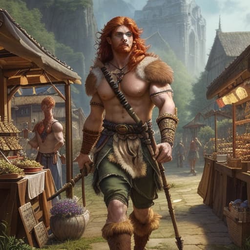  80's fantasy art, An adventurer druid, athletic and muscular build, red hair, wearing common clothes. The druid is standing confidently in a village square, holding a wooden staff with a sacred symbol. His eyes sparkle with determination. The setting is vibrant with villagers in the background and a market stall.