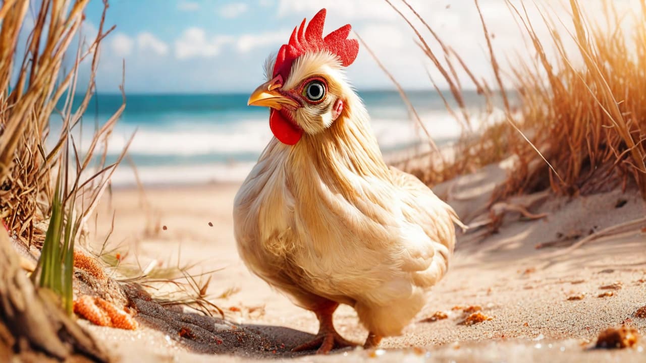  best quality, HD, Beach summer panoramic background with big eye cute Hen on the sand