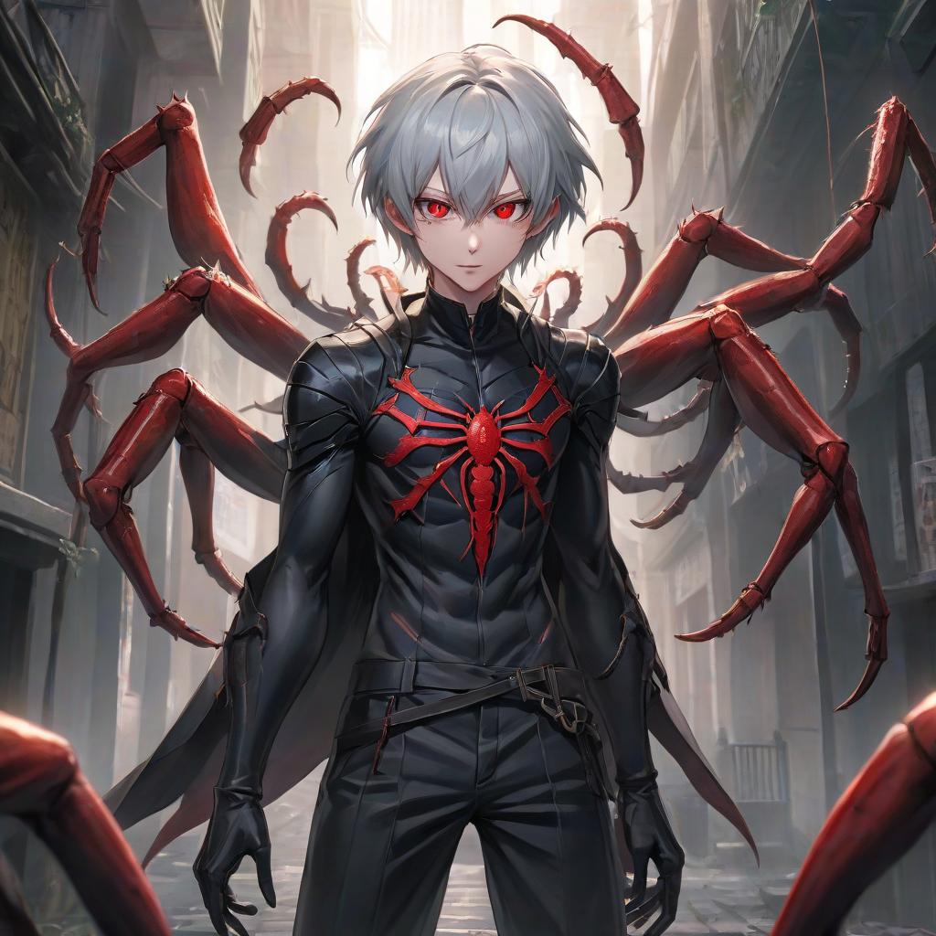  anime artwork a , boy, , pale skin, shoulder length hair, 6 red eyes, two long fangs with spider venom, 4 arms, Asian appearance, confused face, slightly open mouth . anime style, key visual, vint, studio anime, highly detailed, Perfect Hands hyperrealistic, full body, detailed clothing, highly detailed, cinematic lighting, stunningly beautiful, intricate, sharp focus, f/1. 8, 85mm, (centered image composition), (professionally color graded), ((bright soft diffused light)), volumetric fog, trending on instagram, trending on tumblr, HDR 4K, 8K