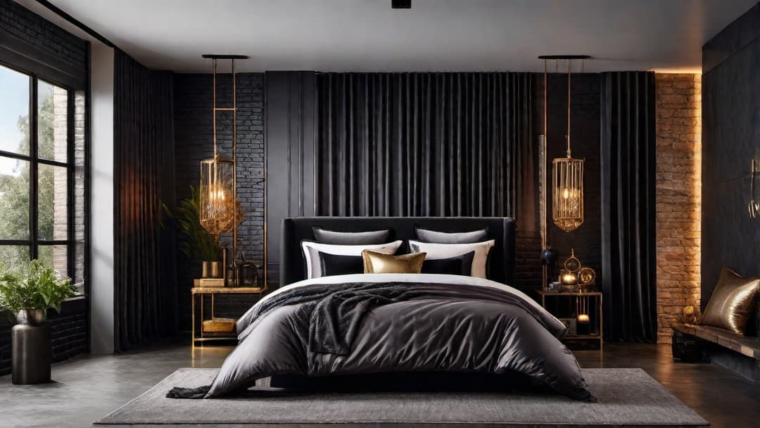  Create an image of an **industrial chic** bedroom that showcases contrasting elements for an edgy yet elegant look. Include features like exposed brick walls, metal accents, and weathered wood flooring alongside luxurious textures such as plush velvet bedding and silky curtains. Highlight a striking **industrial bed frame** as the centerpiece, complemented by a color palette of dark, moody tones with metallic gold accents. The atmosphere should evoke a harmonious fusion of industrial **decor** and upscale design, appealing to those with a taste for bold and stylish aesthetics. hyperrealistic, full body, detailed clothing, highly detailed, cinematic lighting, stunningly beautiful, intricate, sharp focus, f/1. 8, 85mm, (centered image composition), (professionally color graded), ((bright soft diffused light)), volumetric fog, trending on instagram, trending on tumblr, HDR 4K, 8K