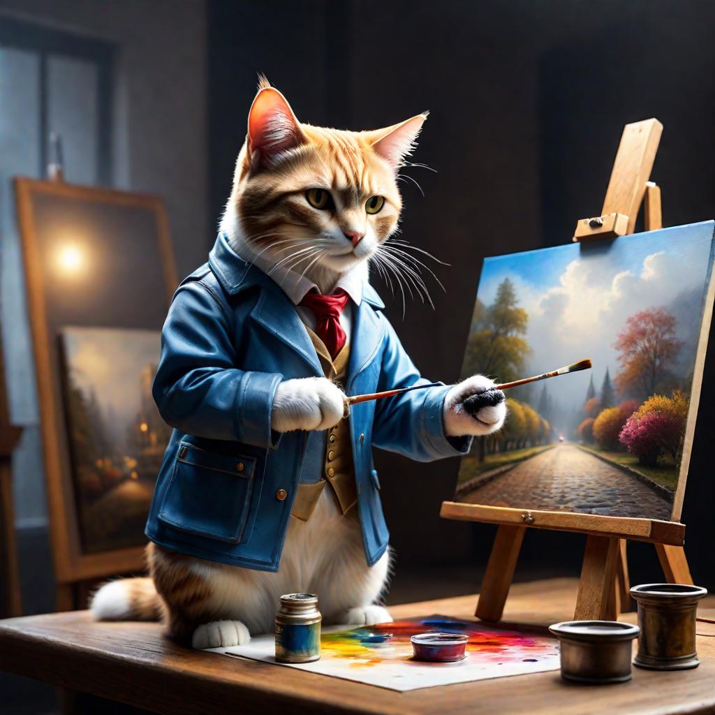  A painter cat is painting. hyperrealistic, full body, detailed clothing, highly detailed, cinematic lighting, stunningly beautiful, intricate, sharp focus, f/1. 8, 85mm, (centered image composition), (professionally color graded), ((bright soft diffused light)), volumetric fog, trending on instagram, trending on tumblr, HDR 4K, 8K