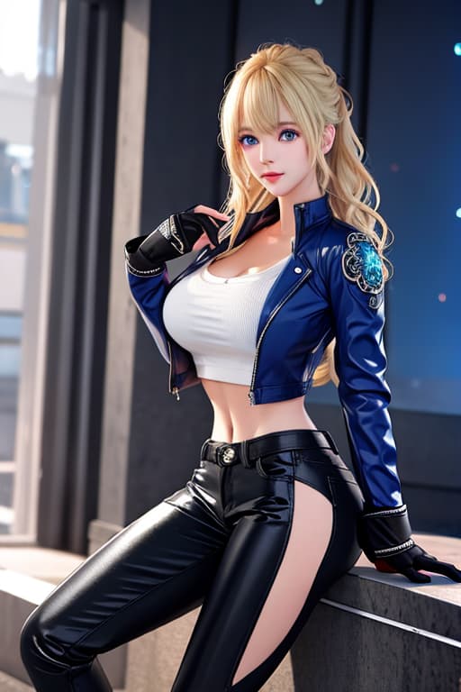  Anime , blond medium size curly messy hair, sparkly and big blue eye, cute face, black jeans pants, v cut t shirt with “I love manga”, short black and glossy jacket and biker gloves, thin legs, Long boots,cool pose, one eye close, full body, look, all the body. hyperrealistic, full body, detailed clothing, highly detailed, cinematic lighting, stunningly beautiful, intricate, sharp focus, f/1. 8, 85mm, (centered image composition), (professionally color graded), ((bright soft diffused light)), volumetric fog, trending on instagram, trending on tumblr, HDR 4K, 8K