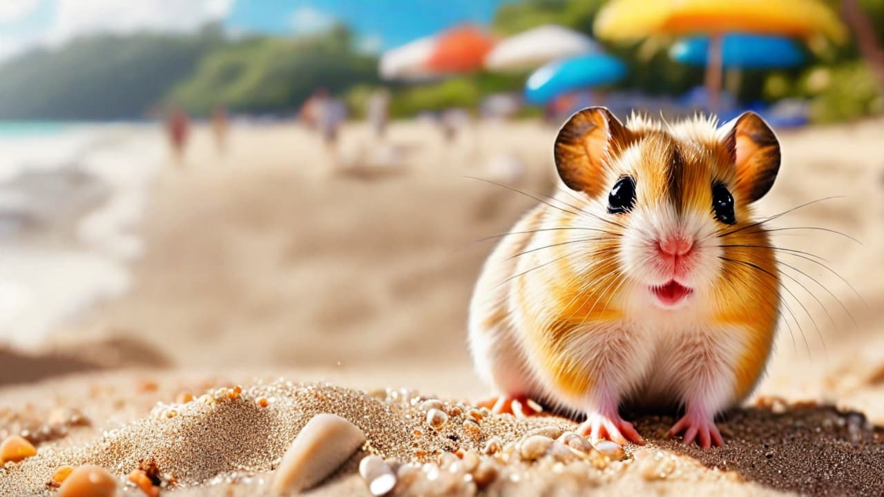  best quality, HD, Beach summer panoramic background with big eye cute Hamster on the sand