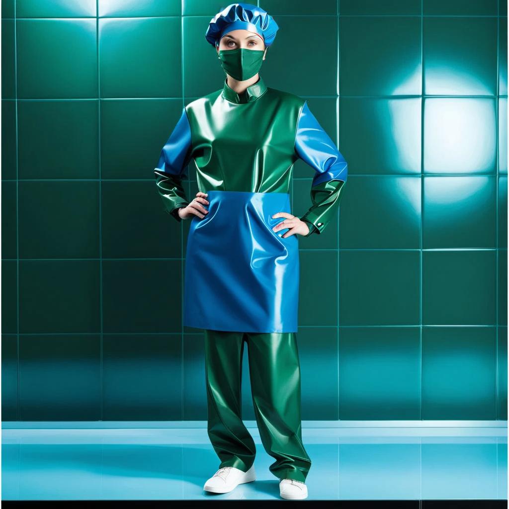  woman surgeon, wearing a shower beret made of two tone glossy latex, the upper part of the beret with a rounded dome in the shape of a mushroom, elongated with folds, made of glossy dark blue latex, the lower part of the beret with folds on an elastic band, glossy. dark green latex, shower cap is divided horizontally into two parts, shower cap covers hair, ears and forehead, framing the face hyperrealistic, full body, detailed clothing, highly detailed, cinematic lighting, stunningly beautiful, intricate, sharp focus, f/1. 8, 85mm, (centered image composition), (professionally color graded), ((bright soft diffused light)), volumetric fog, trending on instagram, trending on tumblr, HDR 4K, 8K